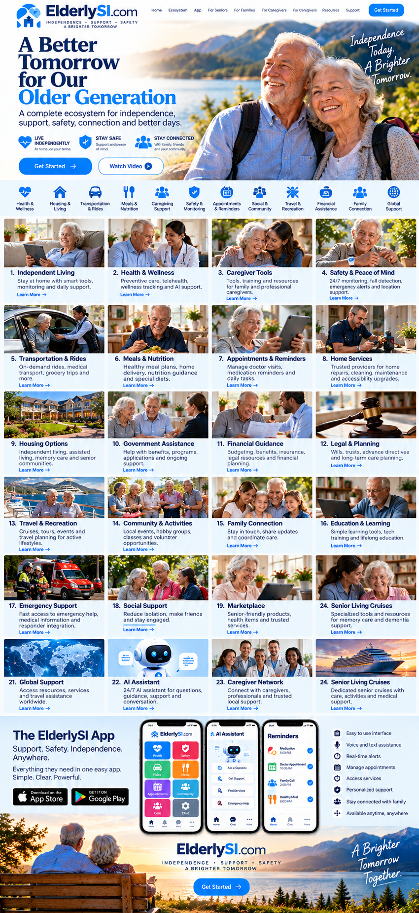 ElderlySI — A Better Tomorrow for Our Older Generation. Original long homepage design with 24 divisions and app section. Pictured controls are not interactive.